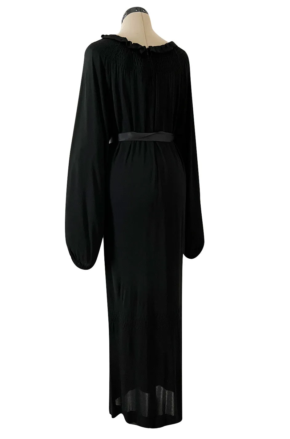 Gorgeous 1970s Givenchy Black Silk Crepe Jersey Dress w Gathered Neckline & Pouf Sleeves