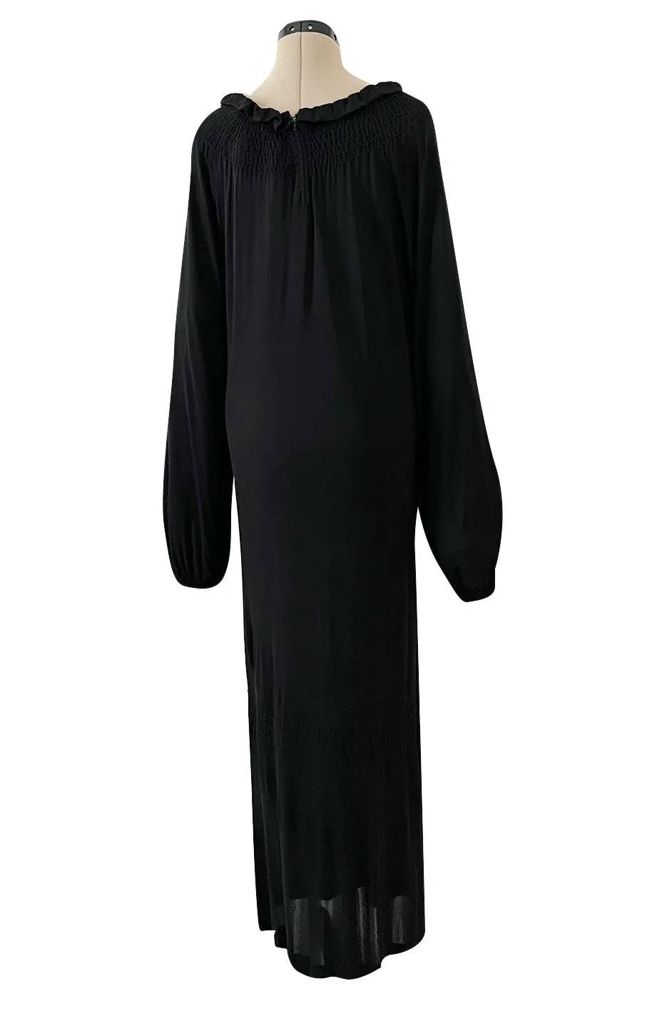 Gorgeous 1970s Givenchy Black Silk Crepe Jersey Dress w Gathered Neckline & Pouf Sleeves