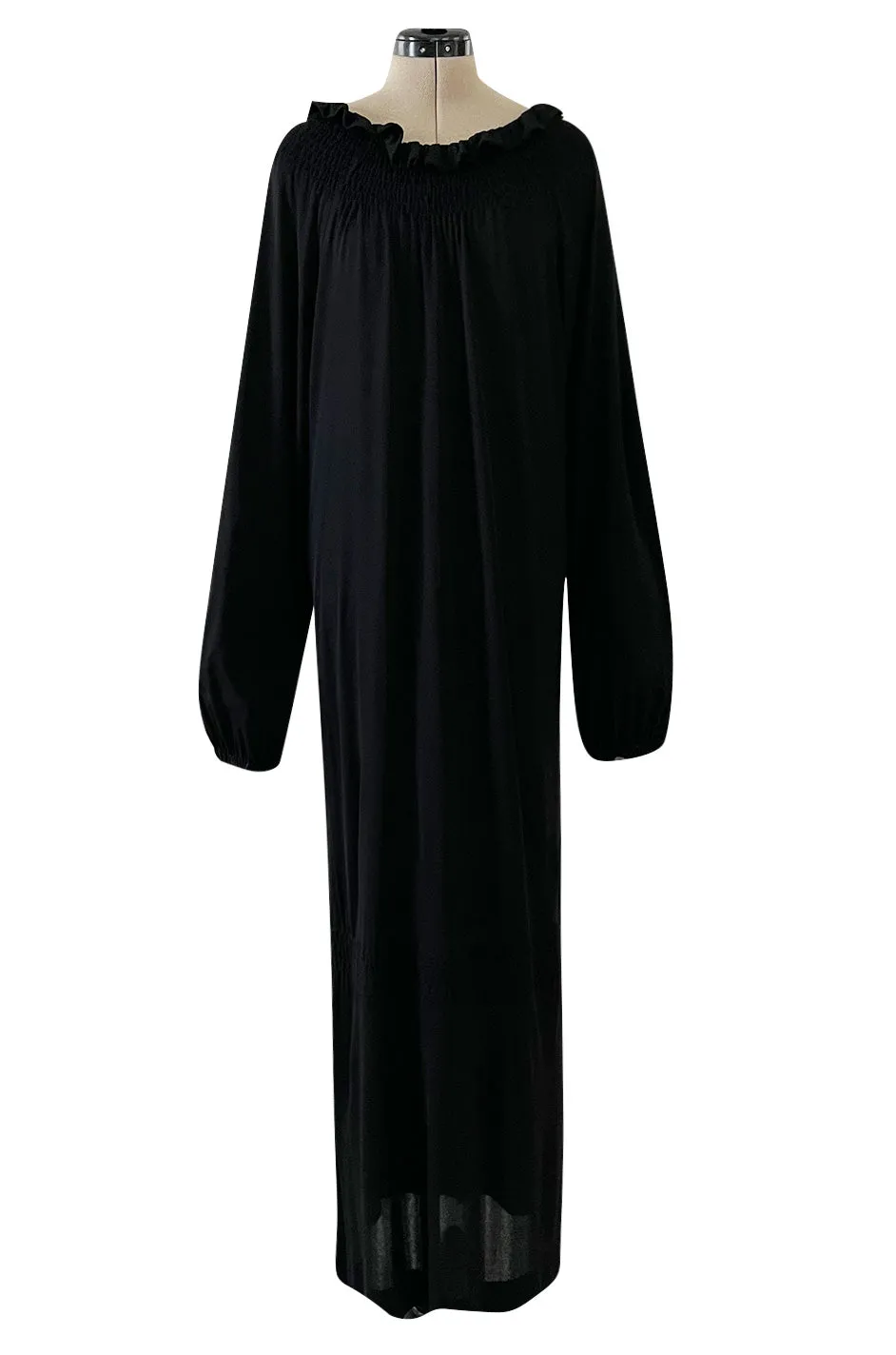 Gorgeous 1970s Givenchy Black Silk Crepe Jersey Dress w Gathered Neckline & Pouf Sleeves
