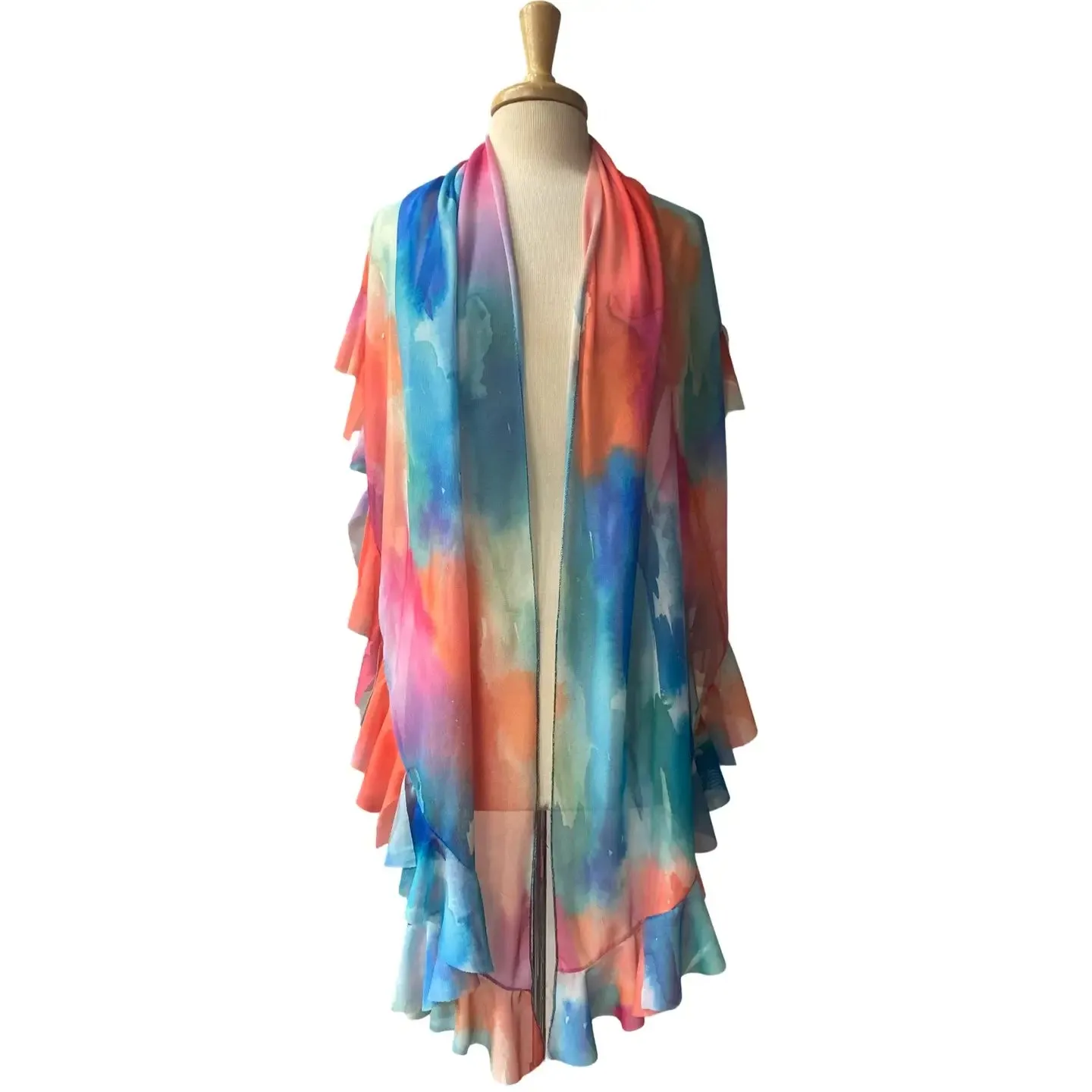 GRACE Ruffled Printed Mesh Sheer Shawl