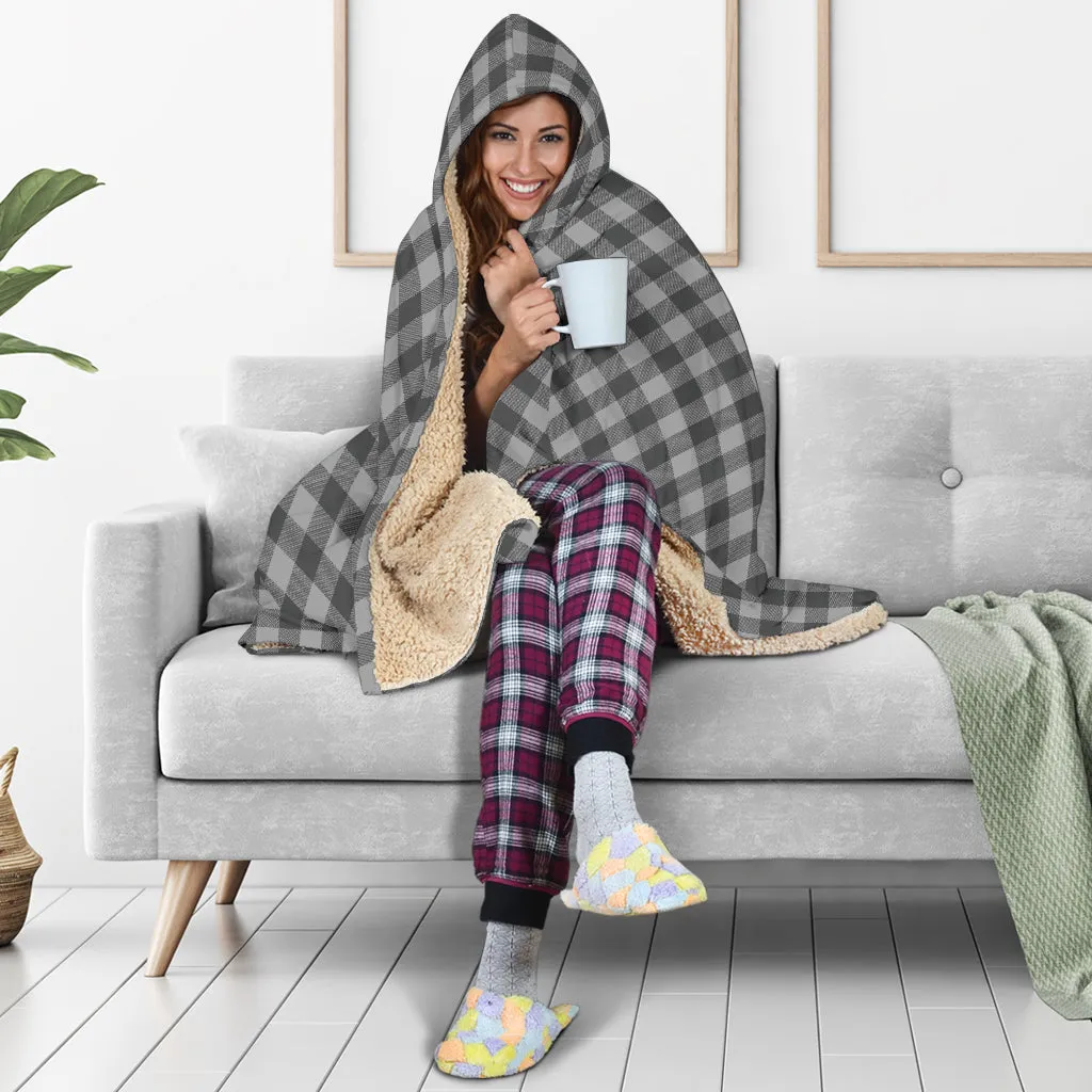 Gray Buffalo Plaid Hooded Blanket With Tan Sherpa Lining