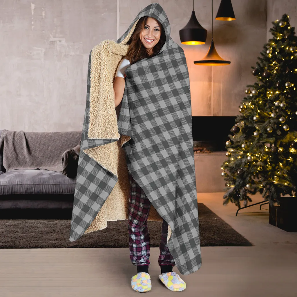 Gray Buffalo Plaid Hooded Blanket With Tan Sherpa Lining