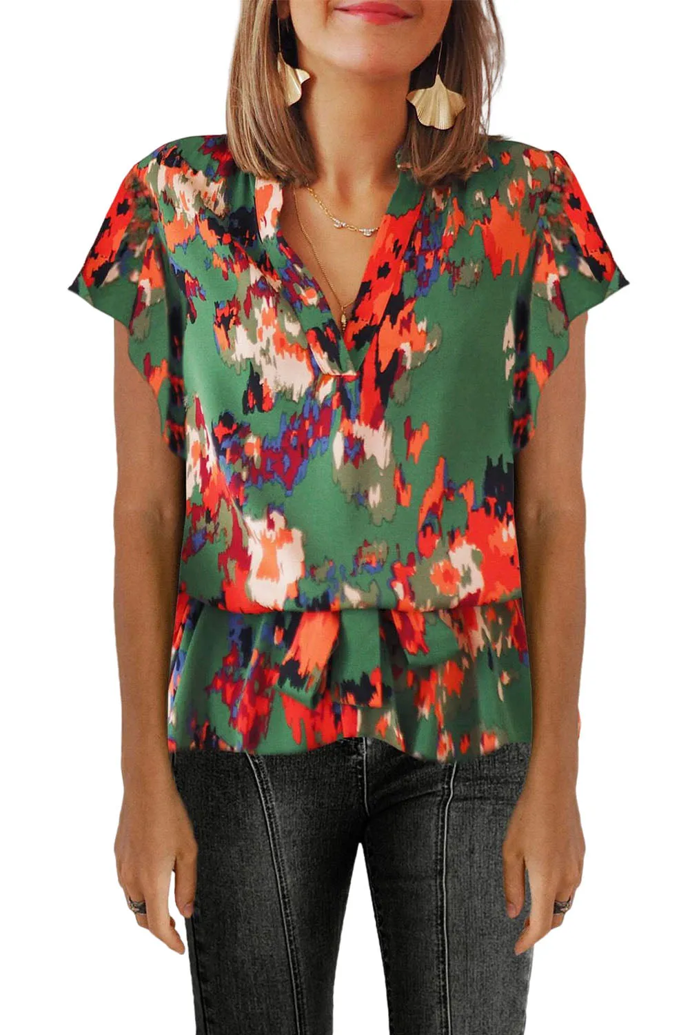 Green Abstract Print Notch V Neck Belted Blouse