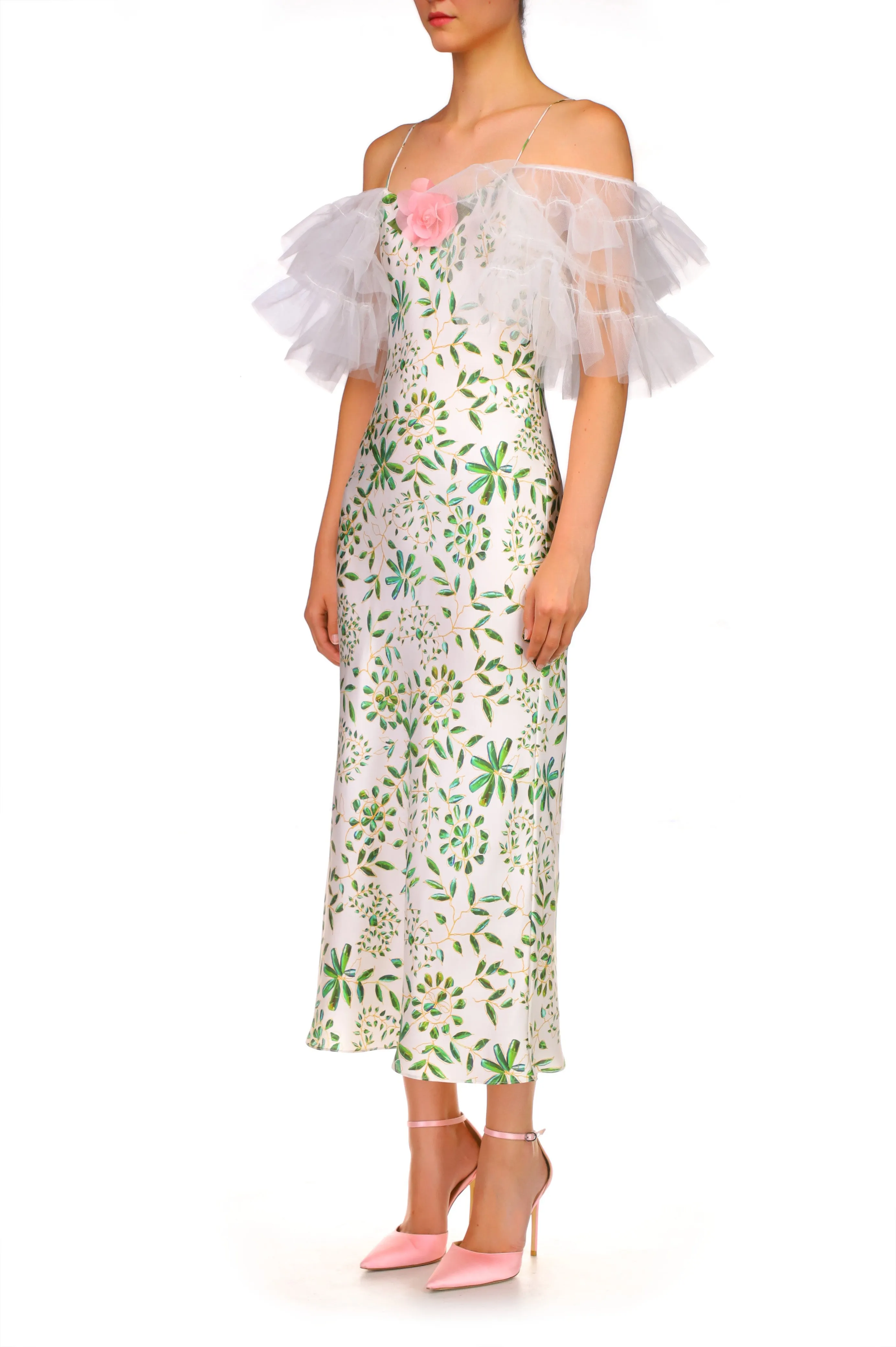 Green and White Printed Silk Bias Slip Dress With Ruffle Sleeves And Silk Flower