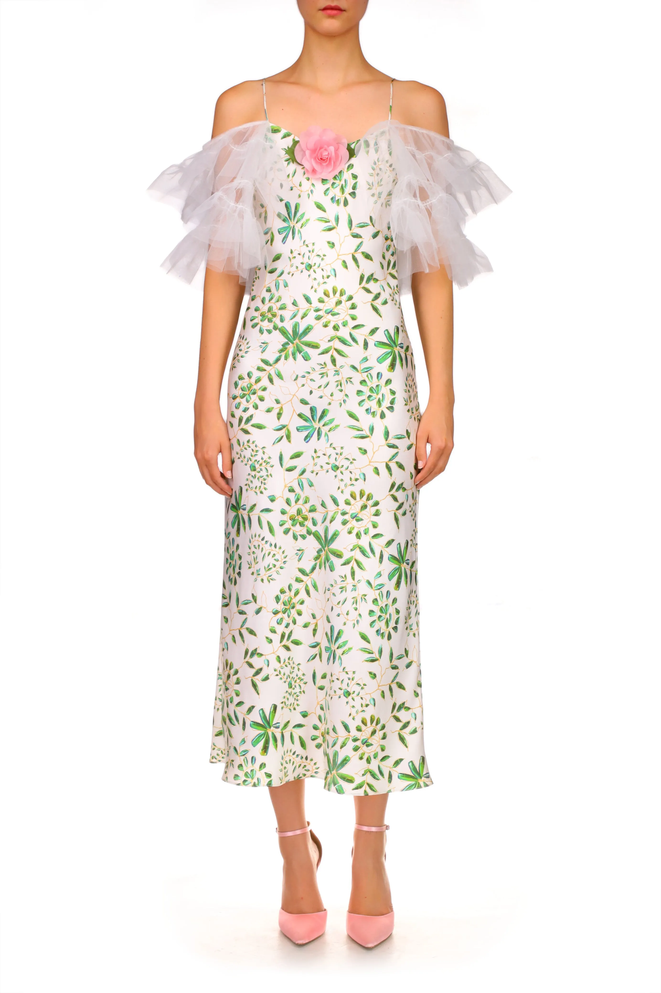 Green and White Printed Silk Bias Slip Dress With Ruffle Sleeves And Silk Flower