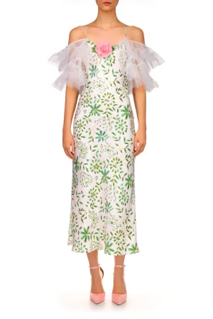 Green and White Printed Silk Bias Slip Dress With Ruffle Sleeves And Silk Flower