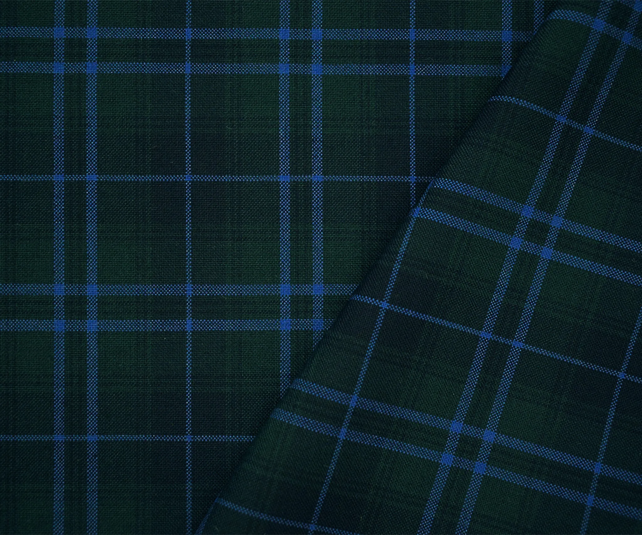 Green-Blue-Multi Poly-Wool Plaid Check Shirting Woven Fabric