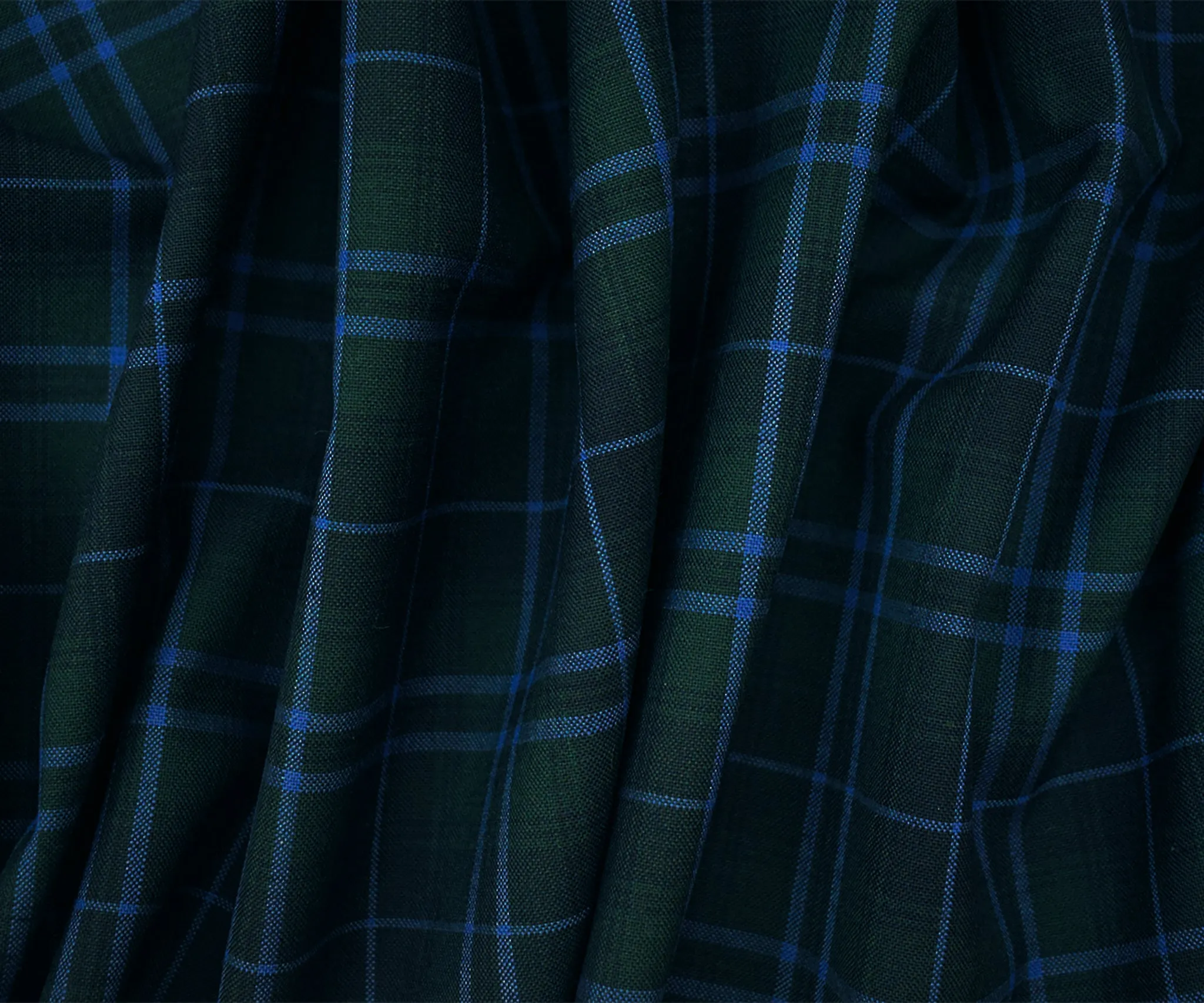 Green-Blue-Multi Poly-Wool Plaid Check Shirting Woven Fabric