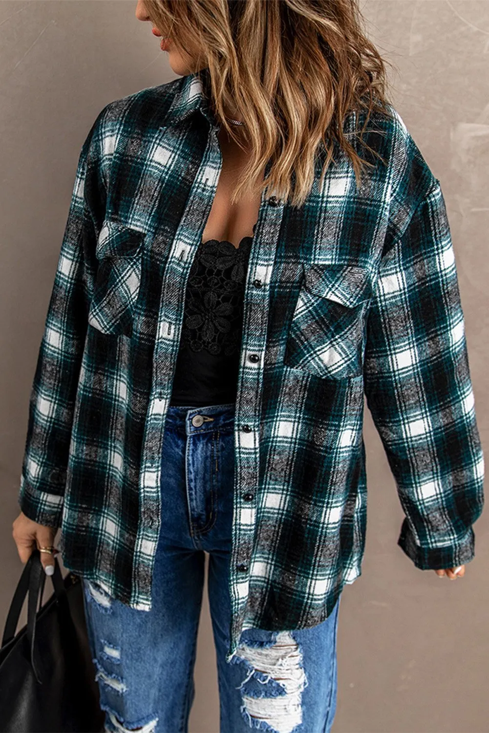 Green Pocketed Plaid Shacket