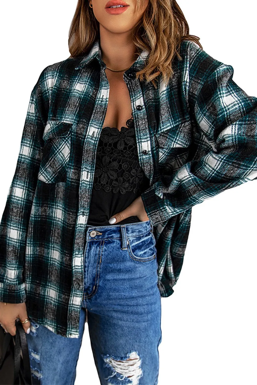 Green Pocketed Plaid Shacket