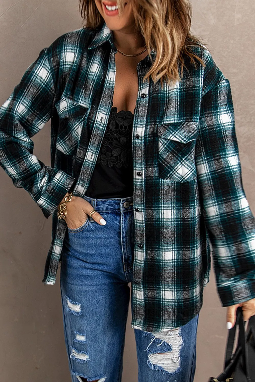 Green Pocketed Plaid Shacket