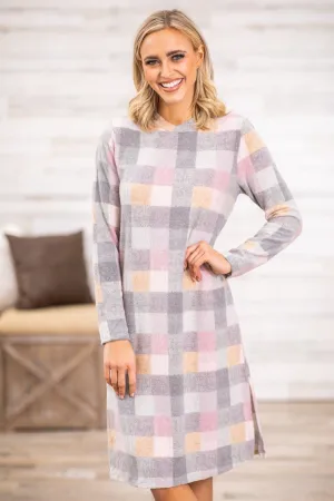 Grey Multicolor Plaid Long Sleeve Dress