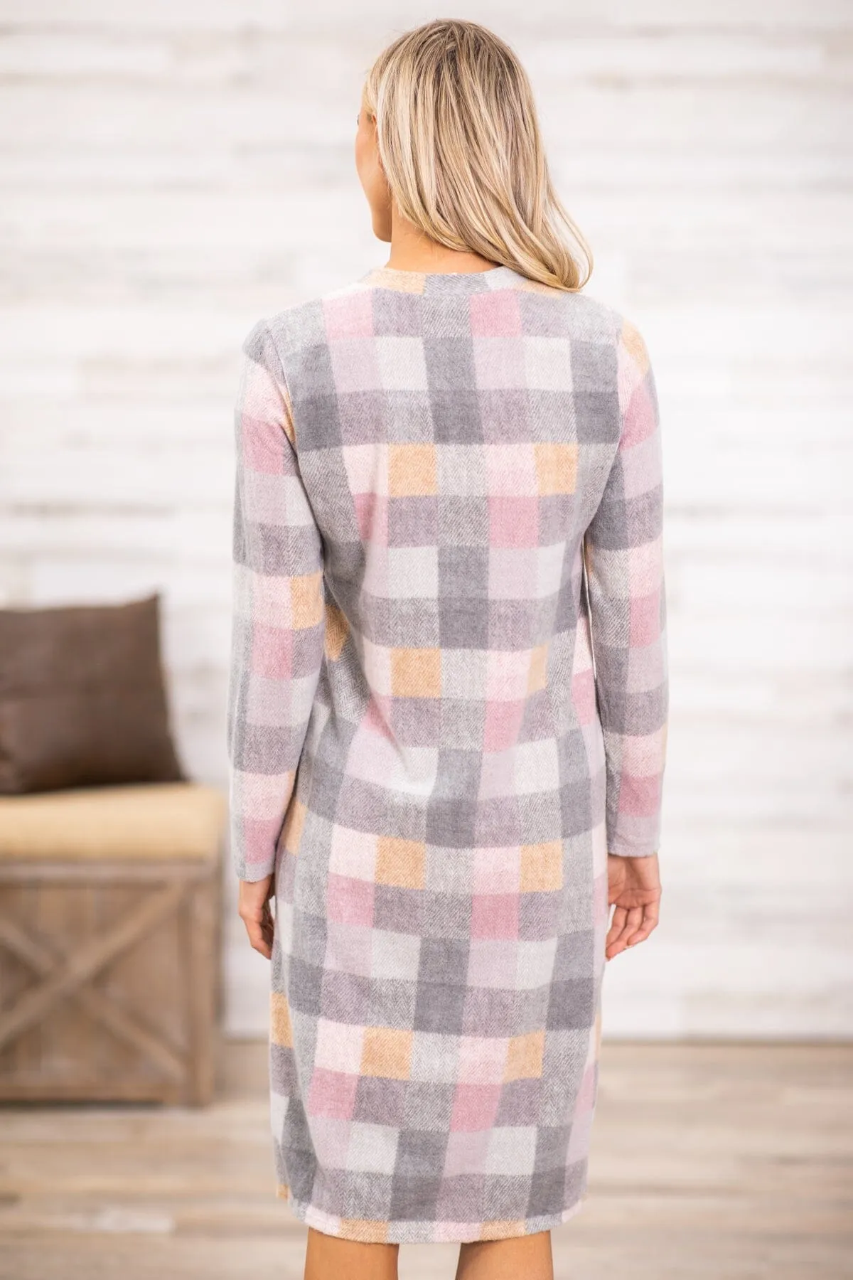 Grey Multicolor Plaid Long Sleeve Dress