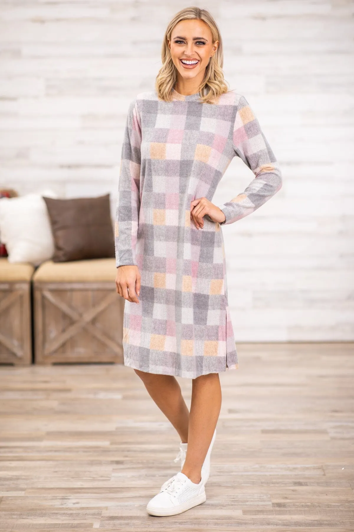Grey Multicolor Plaid Long Sleeve Dress