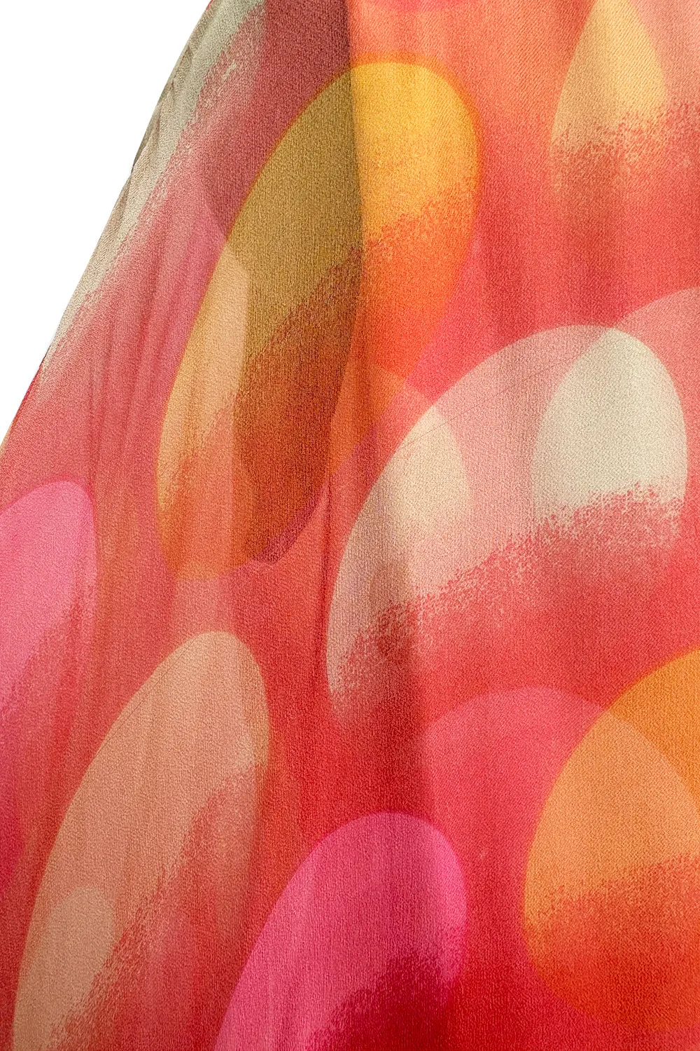 Hanae Mori Couture Fall 1973 Runway Pastel Coral Bird Print Silk Chiffon Ruffled Caftan Dress