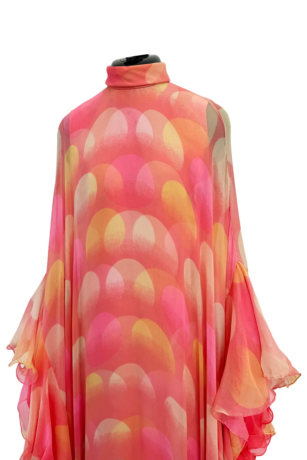 Hanae Mori Couture Fall 1973 Runway Pastel Coral Bird Print Silk Chiffon Ruffled Caftan Dress