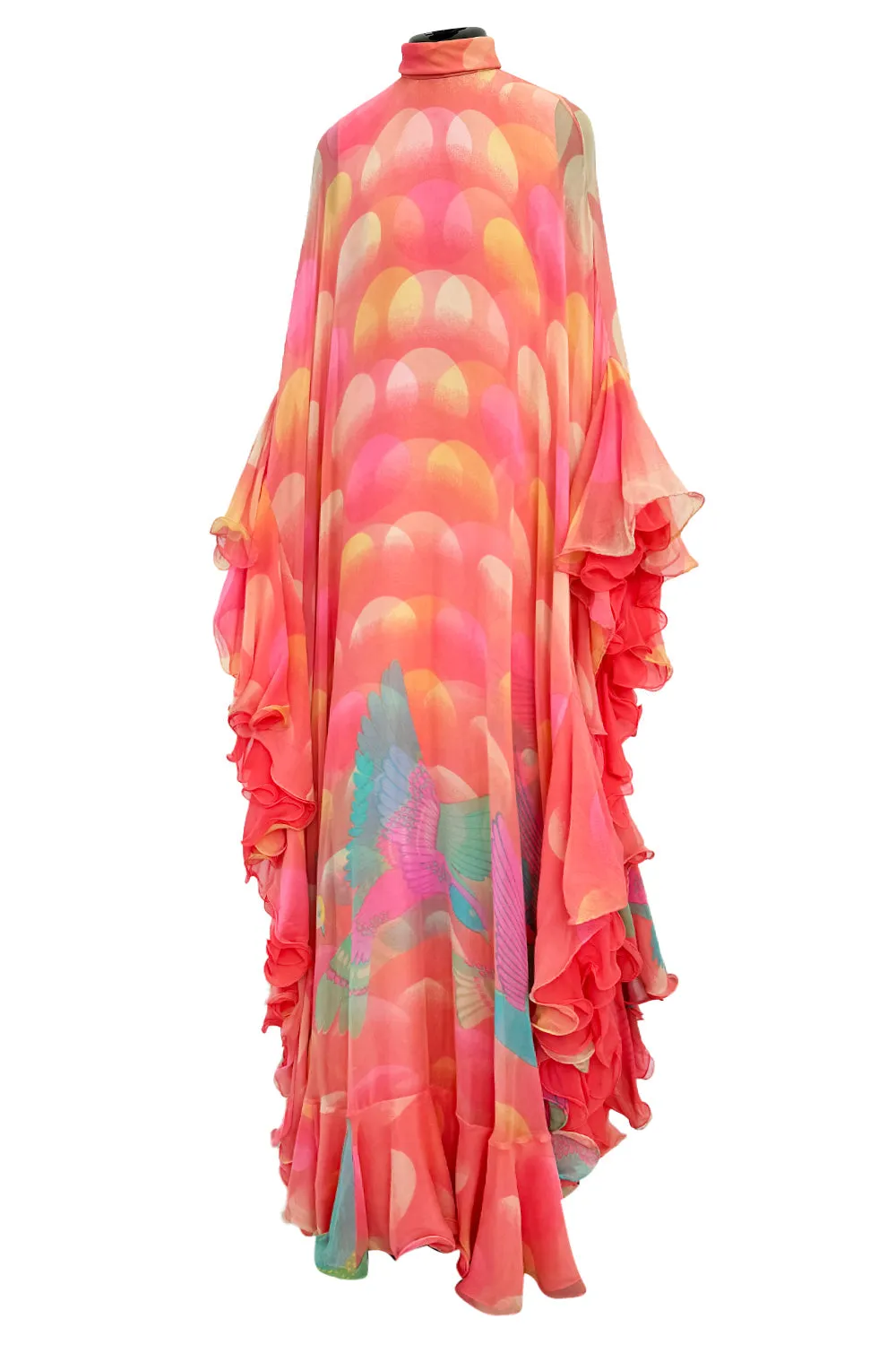Hanae Mori Couture Fall 1973 Runway Pastel Coral Bird Print Silk Chiffon Ruffled Caftan Dress