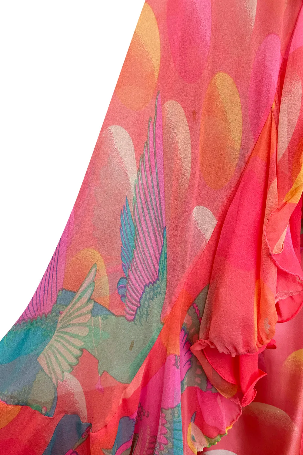 Hanae Mori Couture Fall 1973 Runway Pastel Coral Bird Print Silk Chiffon Ruffled Caftan Dress