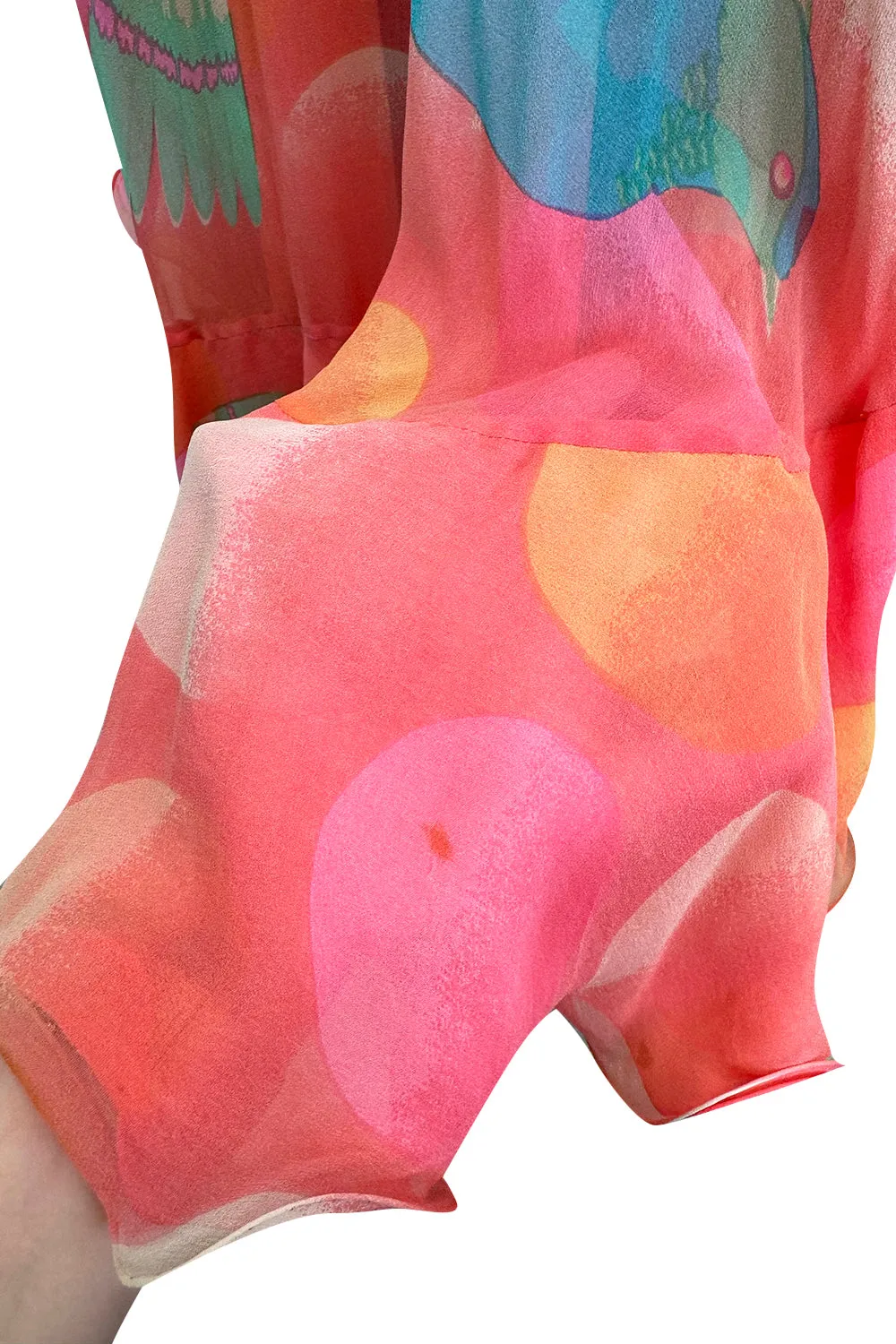 Hanae Mori Couture Fall 1973 Runway Pastel Coral Bird Print Silk Chiffon Ruffled Caftan Dress