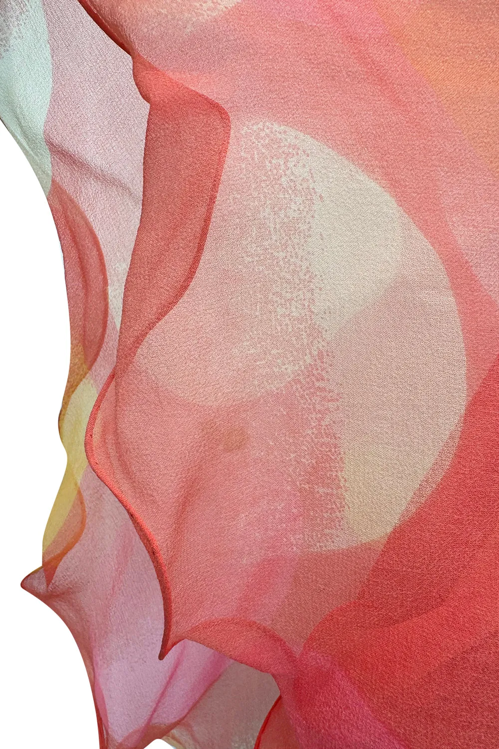 Hanae Mori Couture Fall 1973 Runway Pastel Coral Bird Print Silk Chiffon Ruffled Caftan Dress