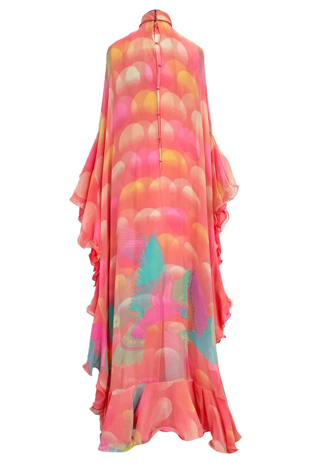 Hanae Mori Couture Fall 1973 Runway Pastel Coral Bird Print Silk Chiffon Ruffled Caftan Dress
