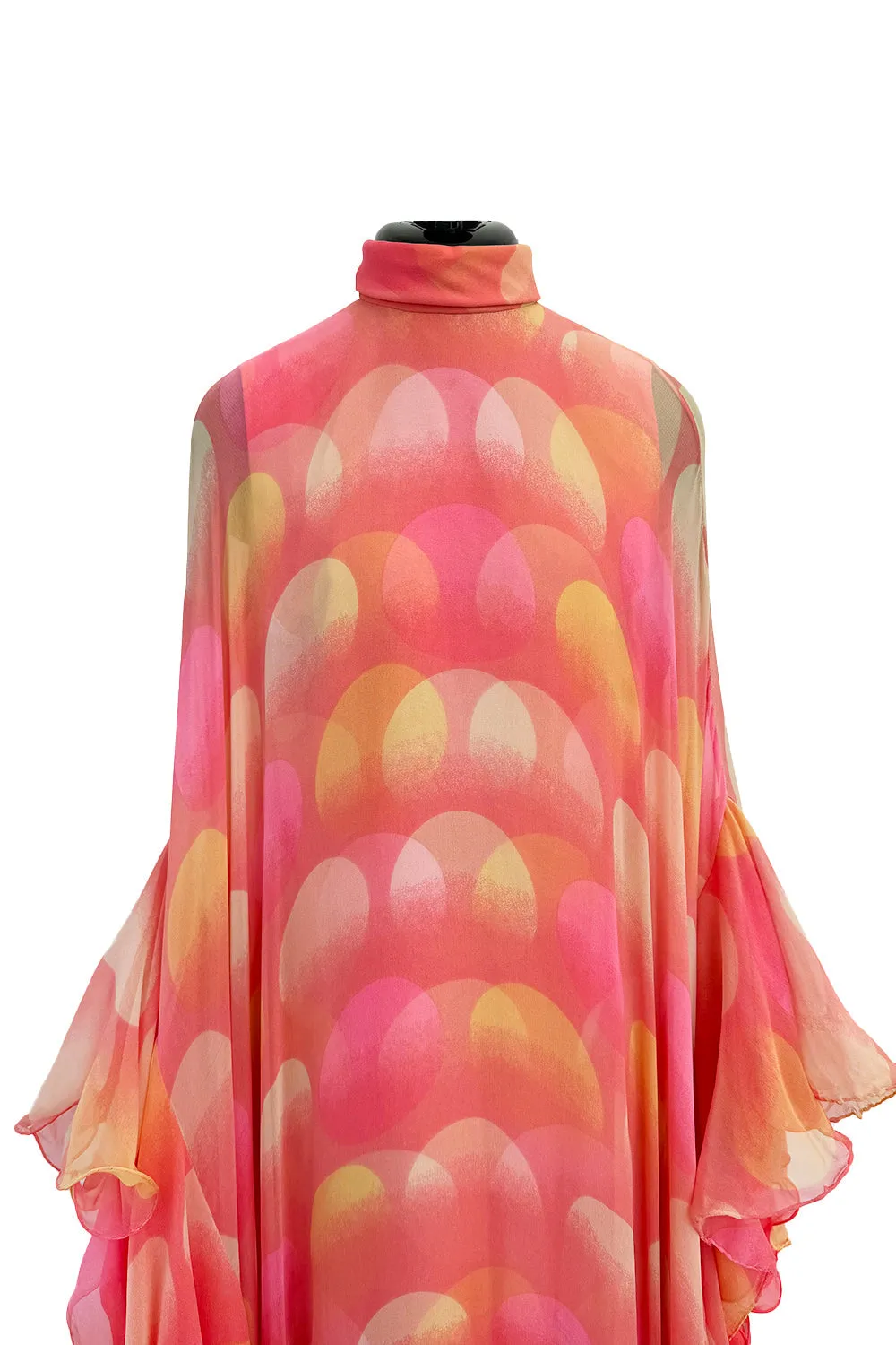 Hanae Mori Couture Fall 1973 Runway Pastel Coral Bird Print Silk Chiffon Ruffled Caftan Dress