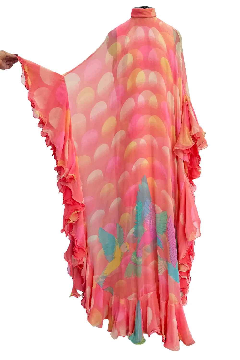 Hanae Mori Couture Fall 1973 Runway Pastel Coral Bird Print Silk Chiffon Ruffled Caftan Dress