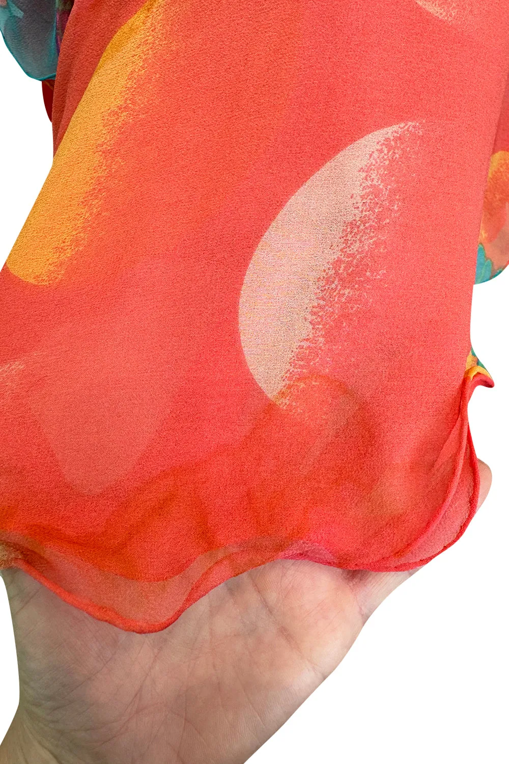 Hanae Mori Couture Fall 1973 Runway Pastel Coral Bird Print Silk Chiffon Ruffled Caftan Dress