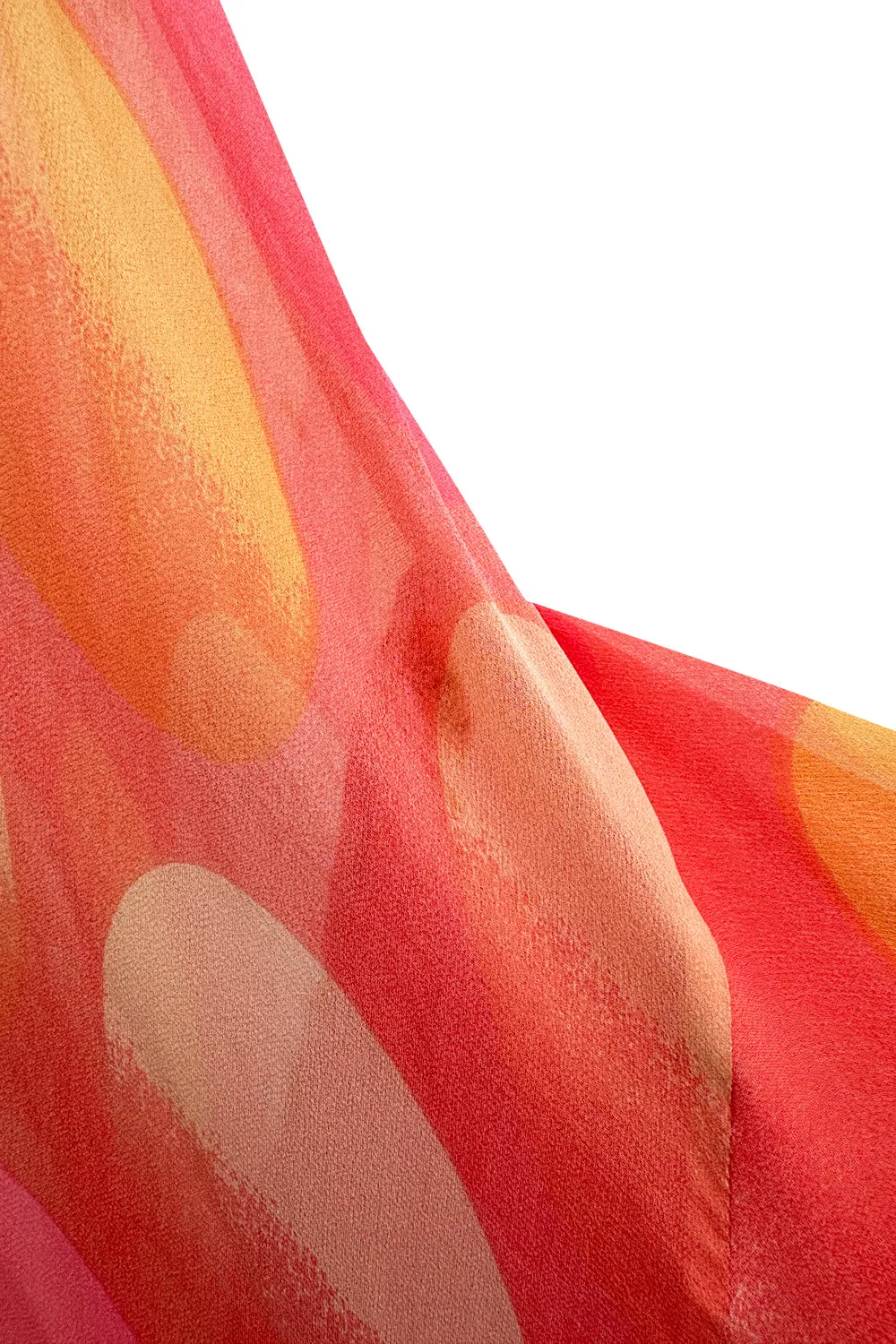 Hanae Mori Couture Fall 1973 Runway Pastel Coral Bird Print Silk Chiffon Ruffled Caftan Dress
