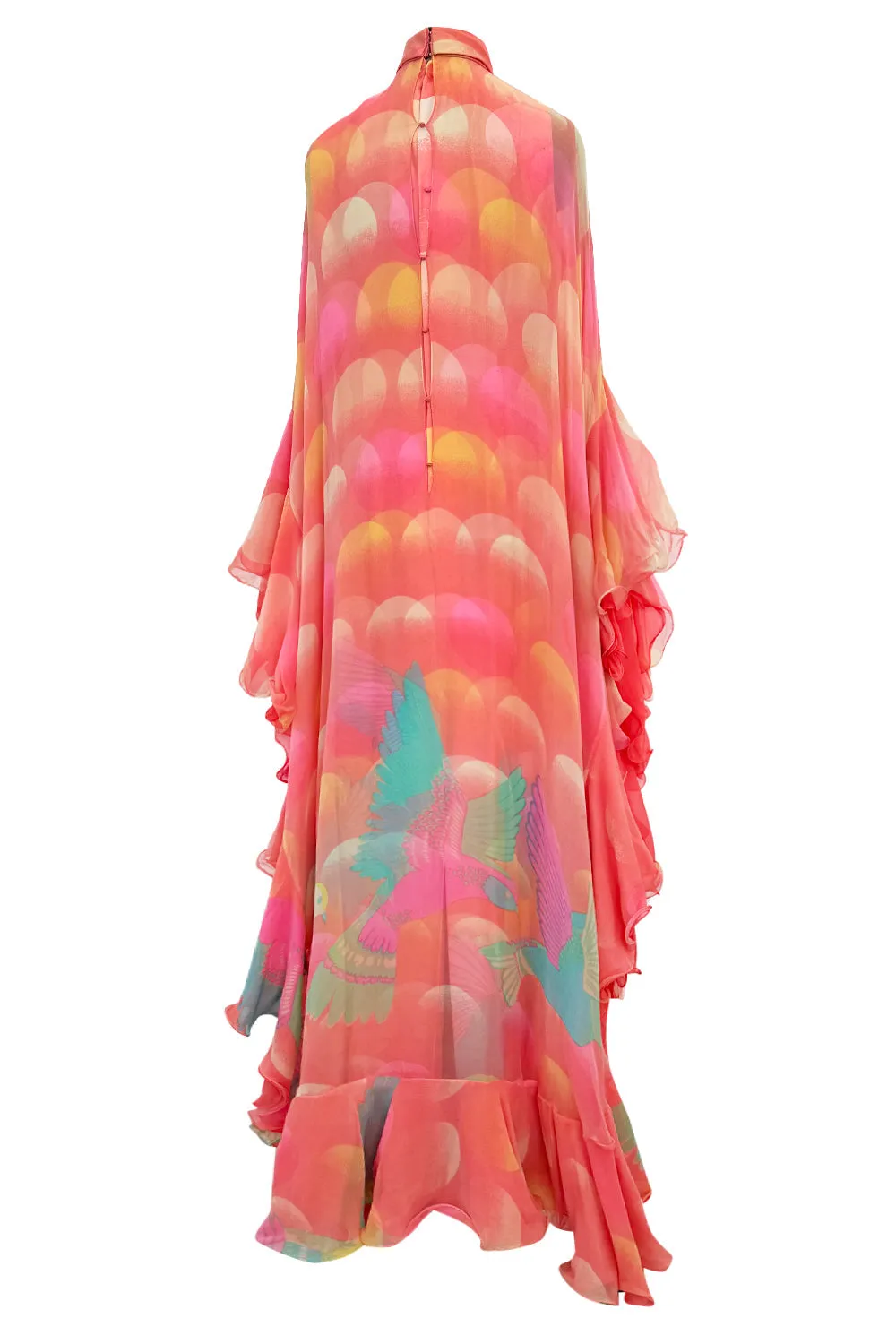 Hanae Mori Couture Fall 1973 Runway Pastel Coral Bird Print Silk Chiffon Ruffled Caftan Dress