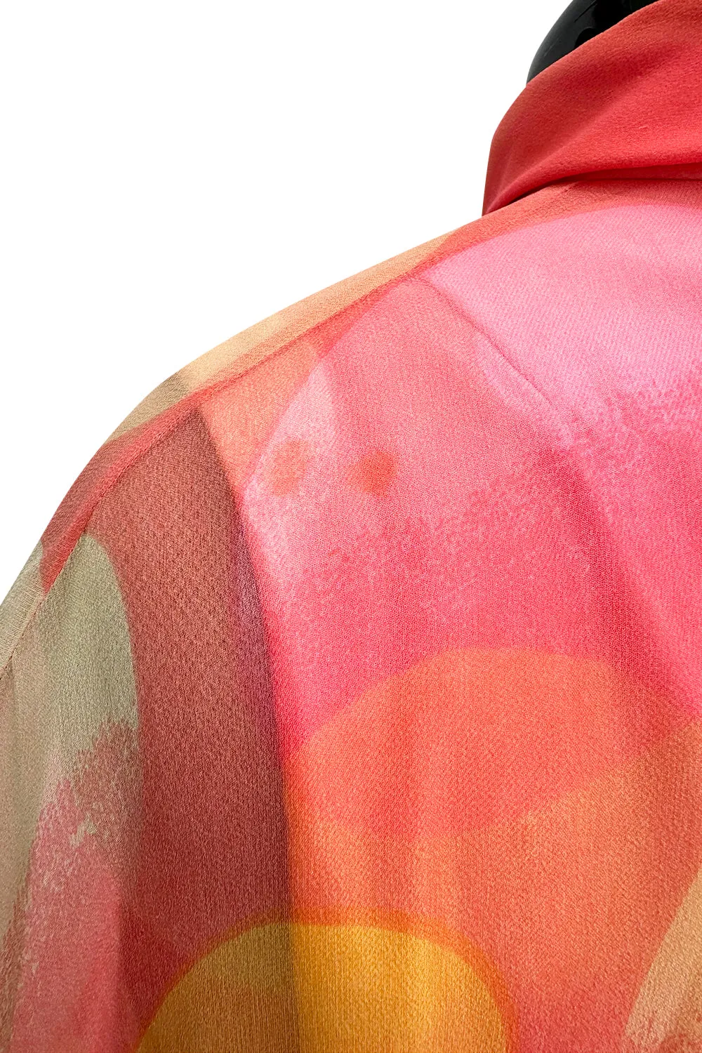Hanae Mori Couture Fall 1973 Runway Pastel Coral Bird Print Silk Chiffon Ruffled Caftan Dress
