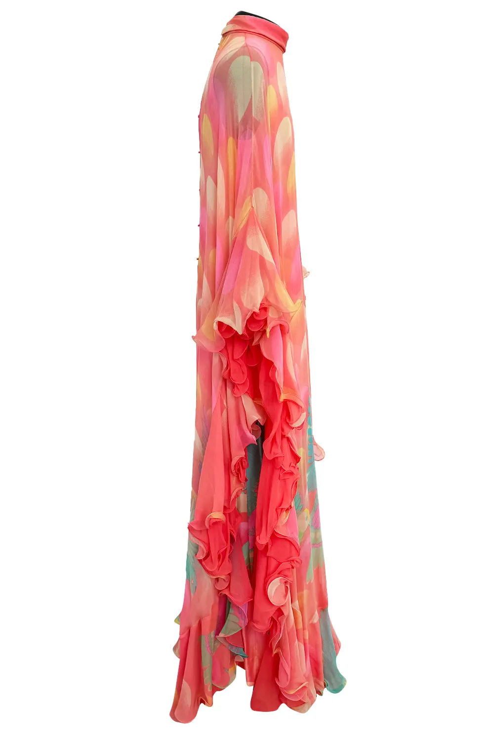 Hanae Mori Couture Fall 1973 Runway Pastel Coral Bird Print Silk Chiffon Ruffled Caftan Dress