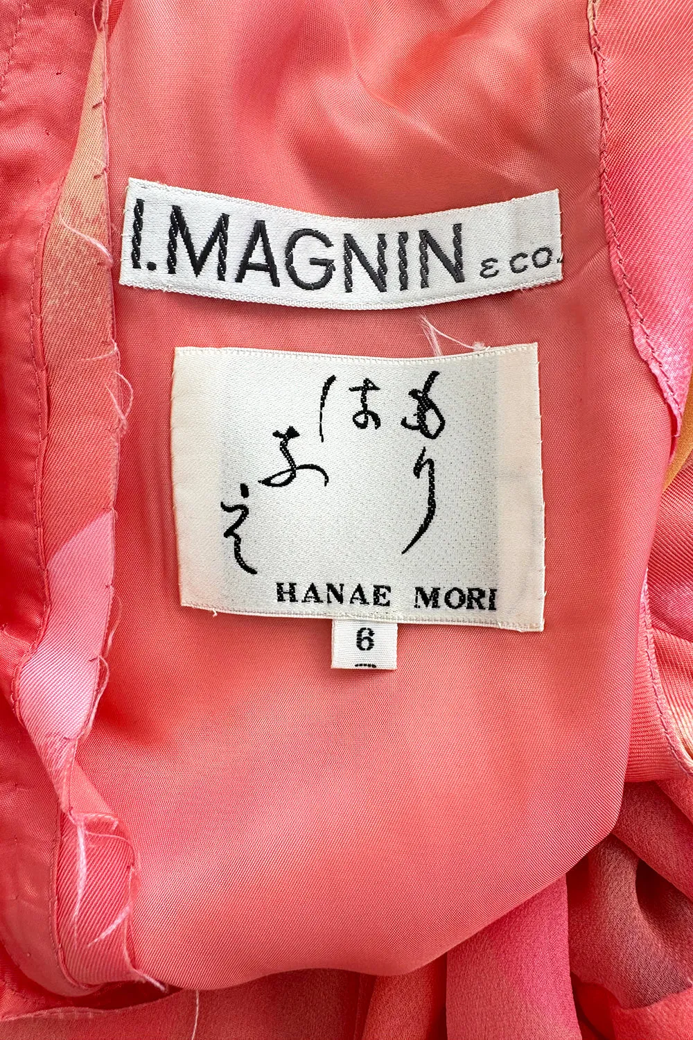 Hanae Mori Couture Fall 1973 Runway Pastel Coral Bird Print Silk Chiffon Ruffled Caftan Dress