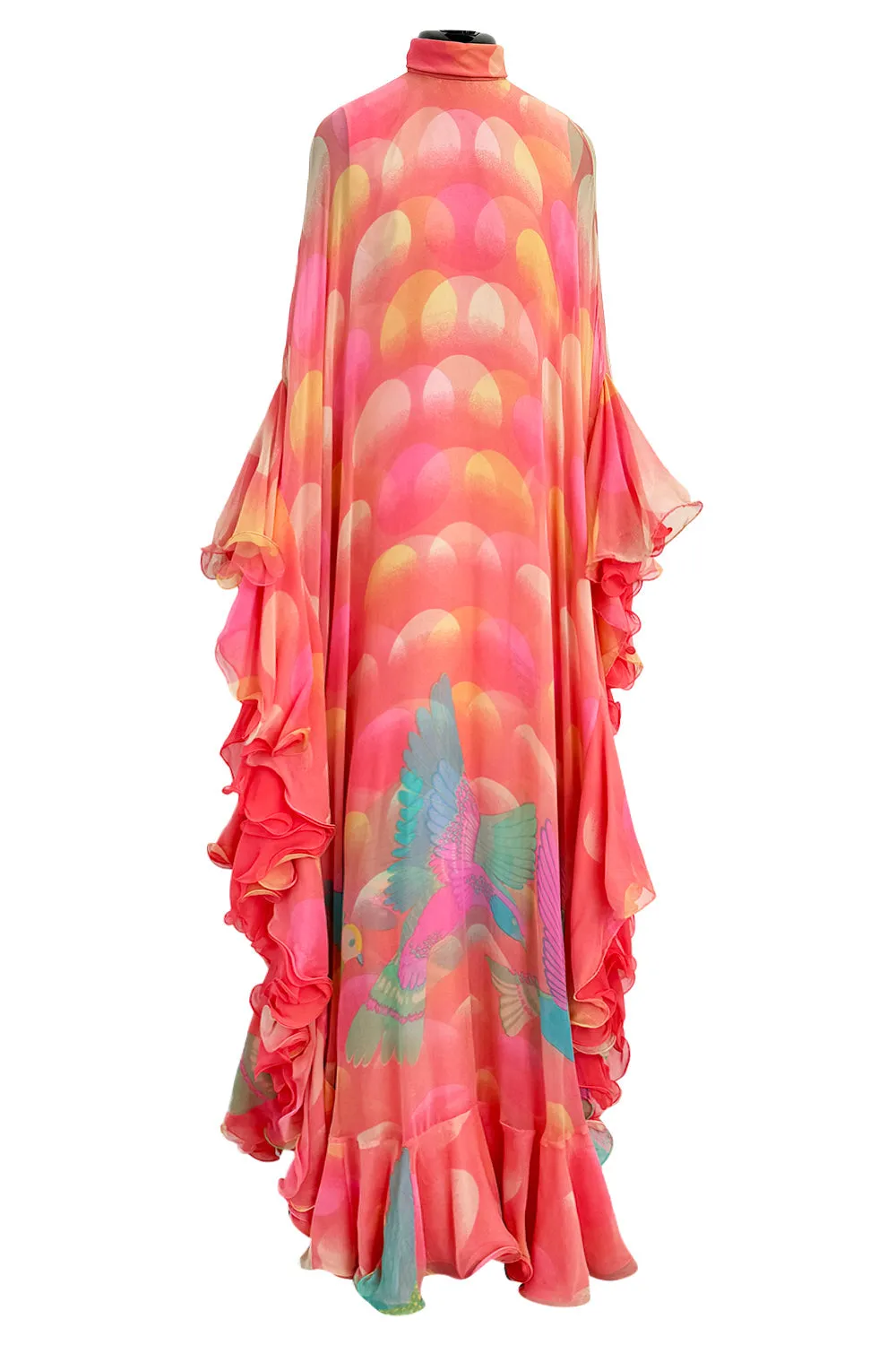 Hanae Mori Couture Fall 1973 Runway Pastel Coral Bird Print Silk Chiffon Ruffled Caftan Dress