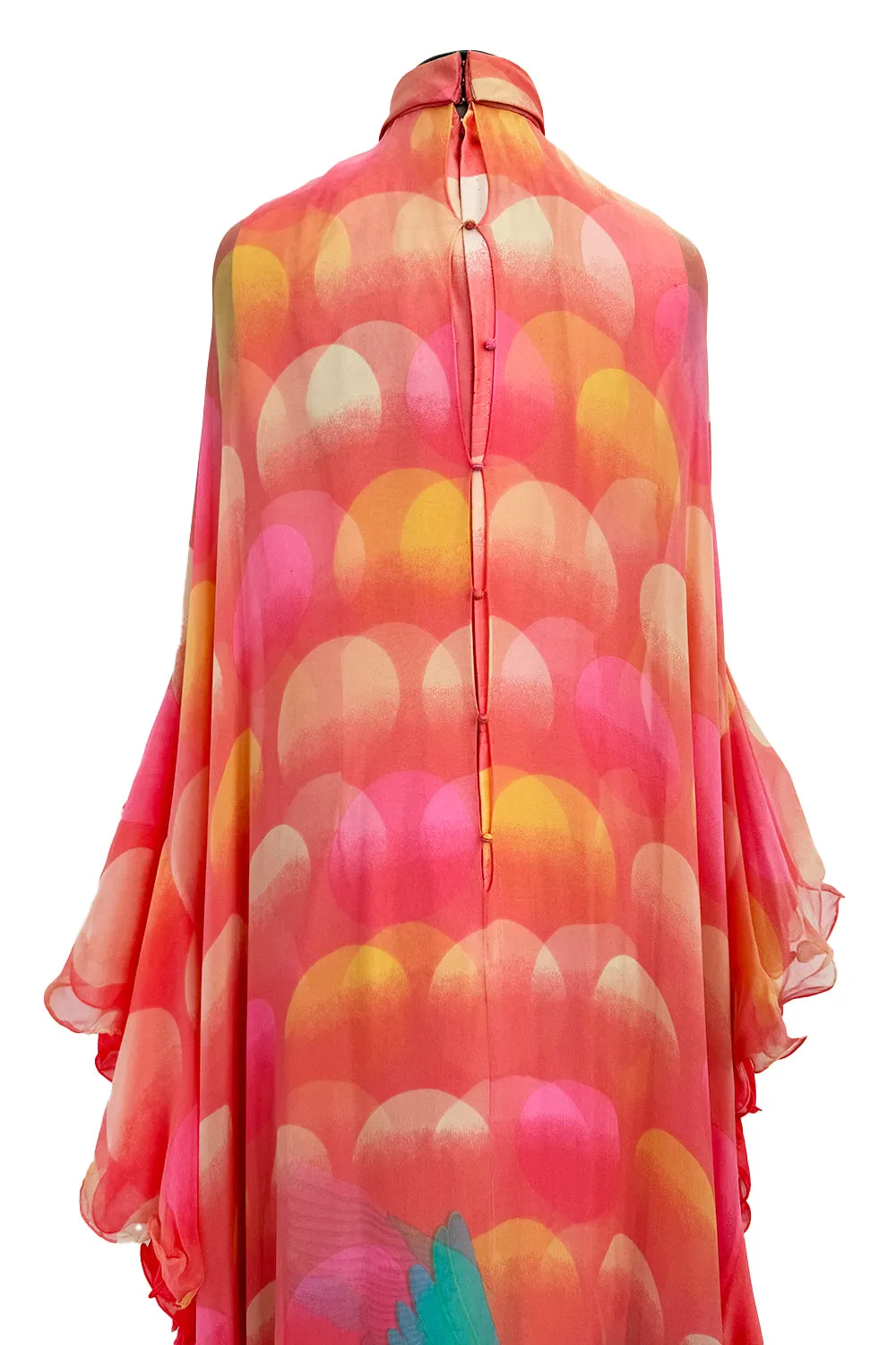 Hanae Mori Couture Fall 1973 Runway Pastel Coral Bird Print Silk Chiffon Ruffled Caftan Dress