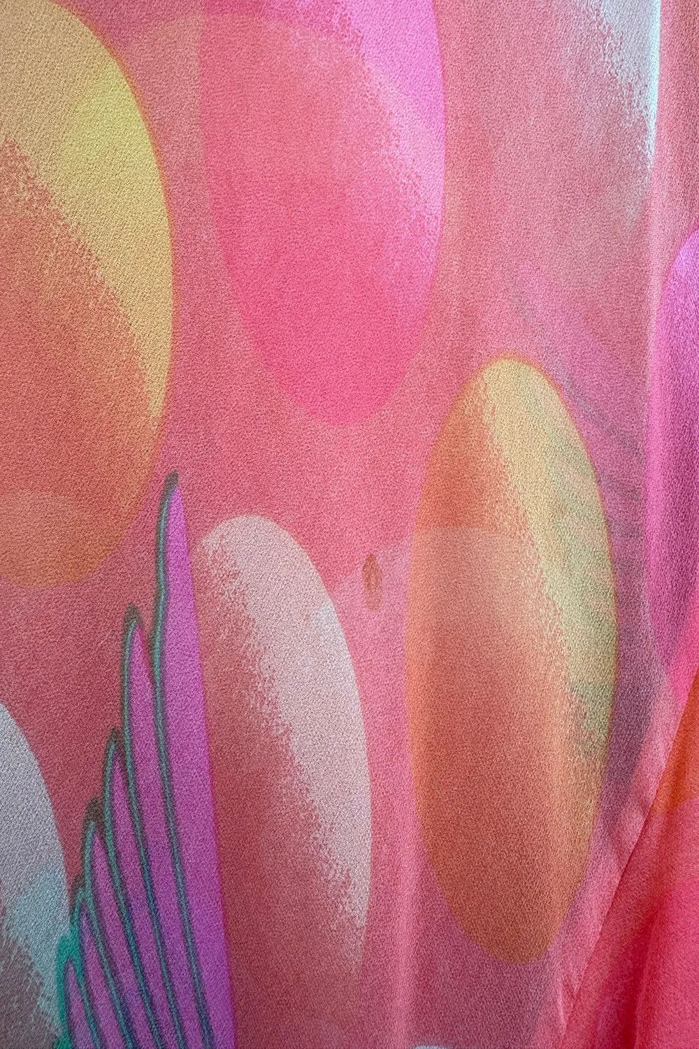 Hanae Mori Couture Fall 1973 Runway Pastel Coral Bird Print Silk Chiffon Ruffled Caftan Dress