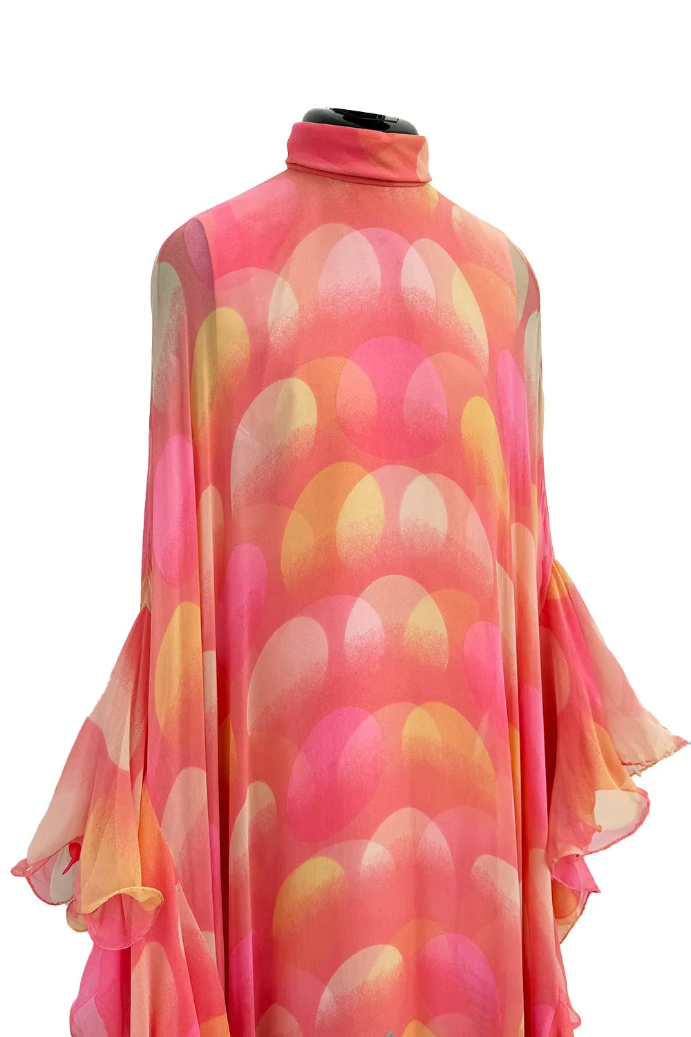 Hanae Mori Couture Fall 1973 Runway Pastel Coral Bird Print Silk Chiffon Ruffled Caftan Dress