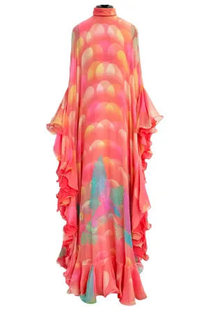 Hanae Mori Couture Fall 1973 Runway Pastel Coral Bird Print Silk Chiffon Ruffled Caftan Dress