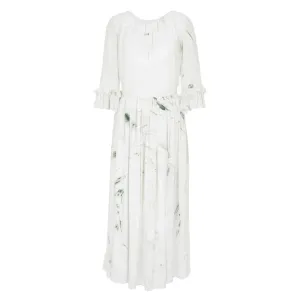 Hand Marbled Silk Gather Dress - White & Green