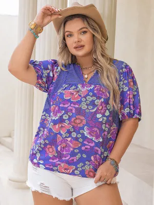 Hanna Plus Size Printed Notched Short Sleeve Blouse