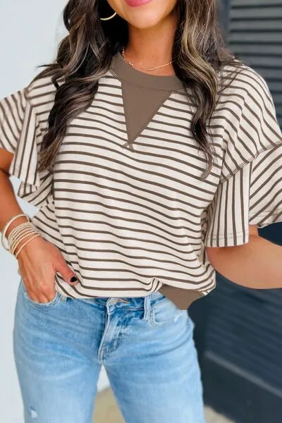 Hazel Blues® |  Contrast Striped Ruffle Short Sleeve Top