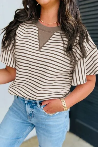 Hazel Blues® |  Contrast Striped Ruffle Short Sleeve Top