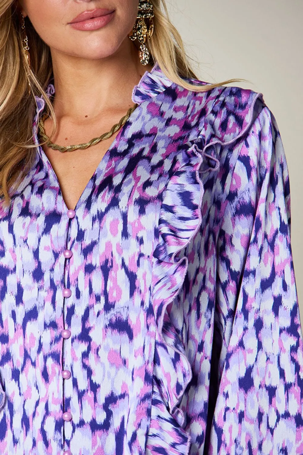 Hazel Blues® |  Double Take Printed Ruffle Trim Balloon Sleeve Shirt