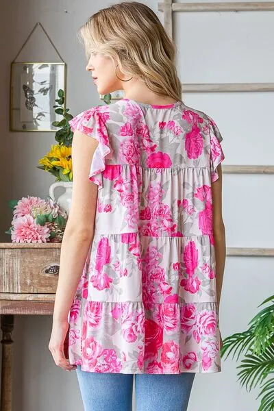 Hazel Blues® | Heimish Butterfly Sleeve Round Neck Floral Tiered Top