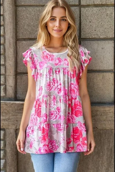 Hazel Blues® | Heimish Butterfly Sleeve Round Neck Floral Tiered Top