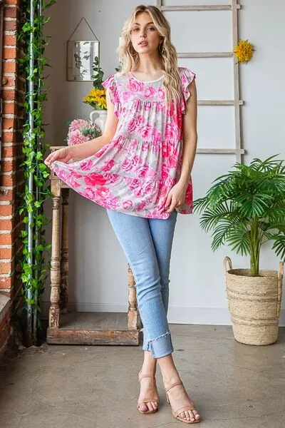 Hazel Blues® | Heimish Butterfly Sleeve Round Neck Floral Tiered Top