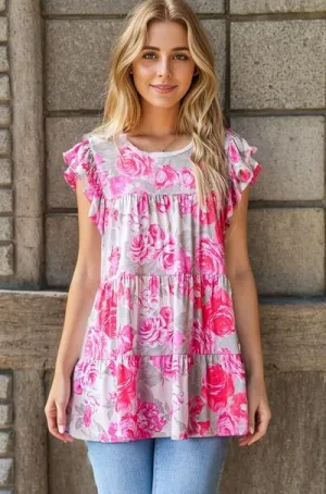 Hazel Blues® | Heimish Butterfly Sleeve Round Neck Floral Tiered Top