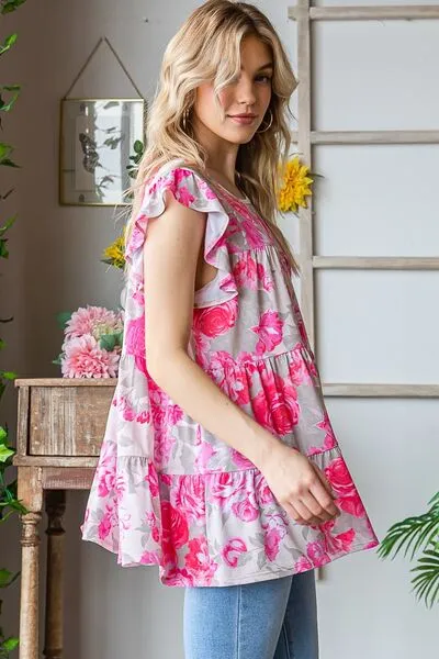 Hazel Blues® | Heimish Butterfly Sleeve Round Neck Floral Tiered Top