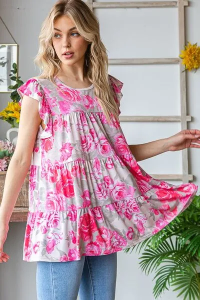 Hazel Blues® | Heimish Butterfly Sleeve Round Neck Floral Tiered Top
