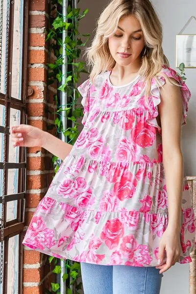 Hazel Blues® | Heimish Butterfly Sleeve Round Neck Floral Tiered Top